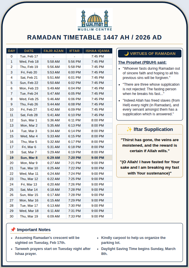 Ramadan Timetable 2026